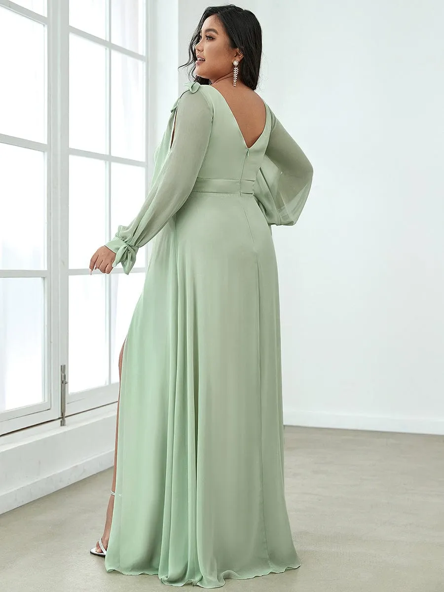 Gentle Split Low Back Thigh Slit Long Sleeve Wedding Guest Dress