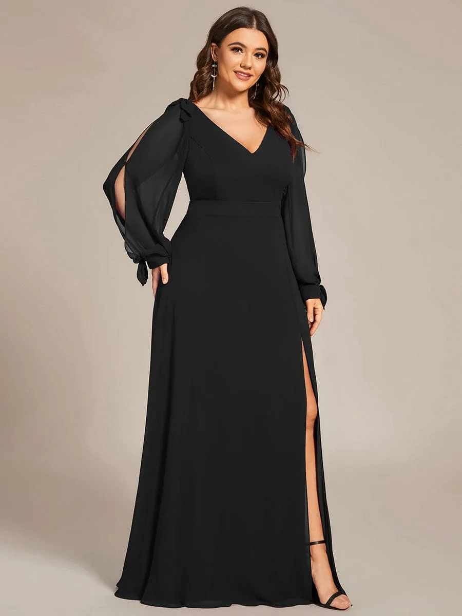 Gentle Split Low Back Thigh Slit Long Sleeve Wedding Guest Dress
