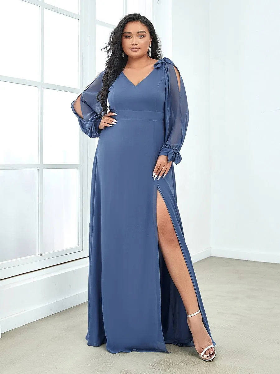 Gentle Split Low Back Thigh Slit Long Sleeve Wedding Guest Dress