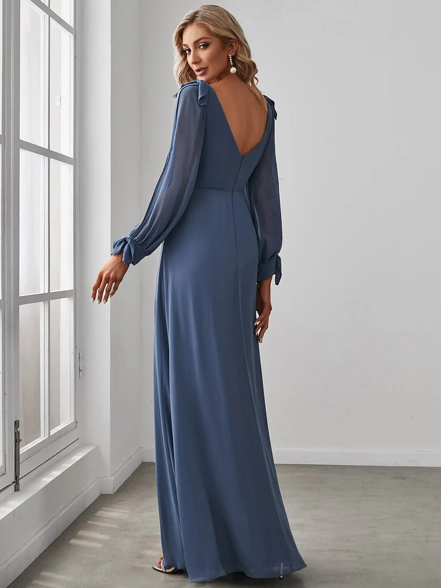 Gentle Split Low Back Thigh Slit Long Sleeve Wedding Guest Dress