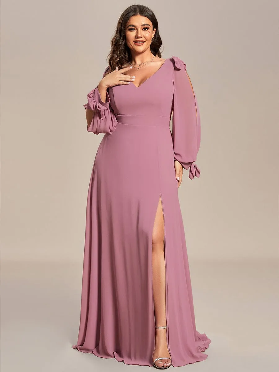Gentle Split Low Back Thigh Slit Long Sleeve Wedding Guest Dress
