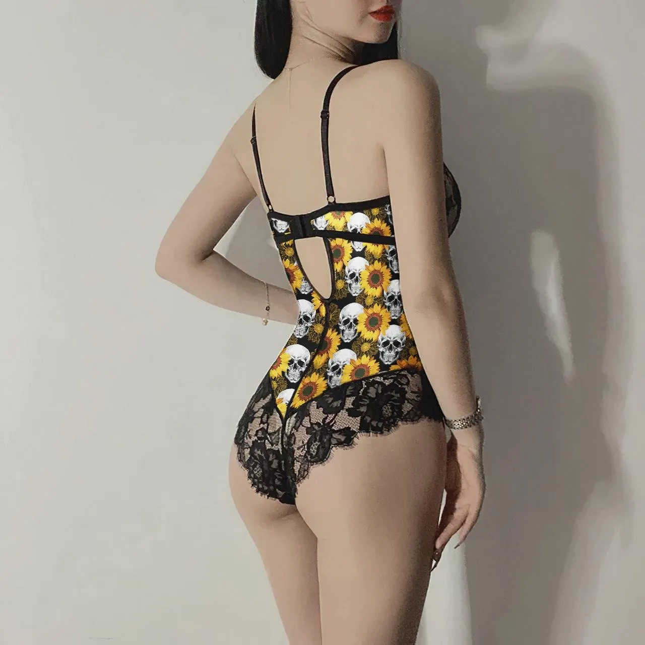 Gothic Skull Sunflowers Lingerie Set, Sexy Cutout Lace Bodysuit For Women