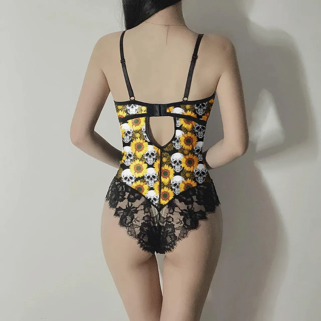 Gothic Skull Sunflowers Lingerie Set, Sexy Cutout Lace Bodysuit For Women