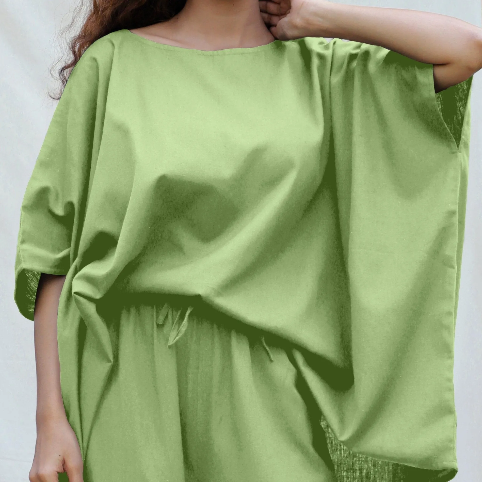 Green Cotton Flax Boat Neck Short Kaftan Top