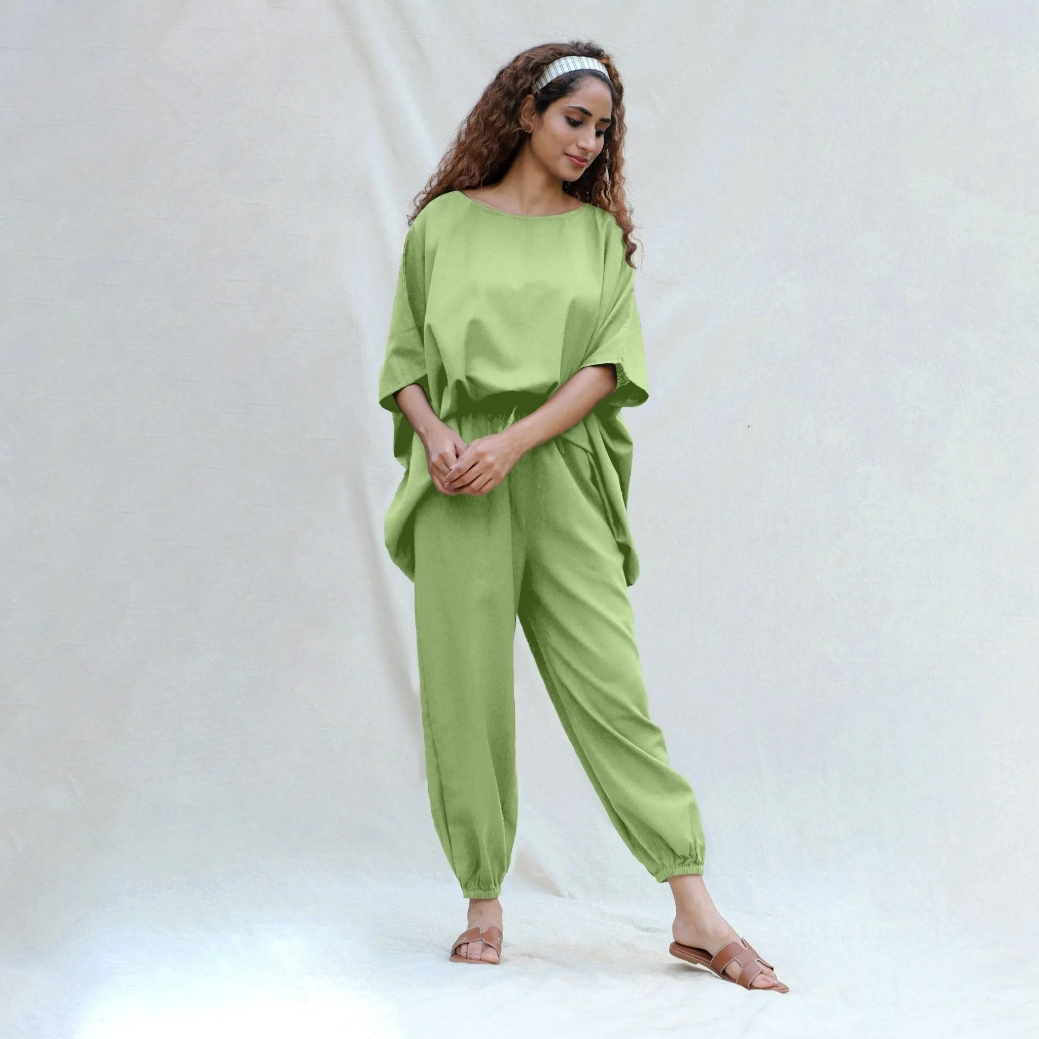 Green Cotton Flax Boat Neck Short Kaftan Top