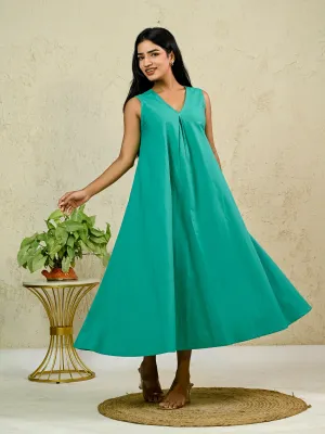 Green Cotton Poplin Box Pleat Long Dress