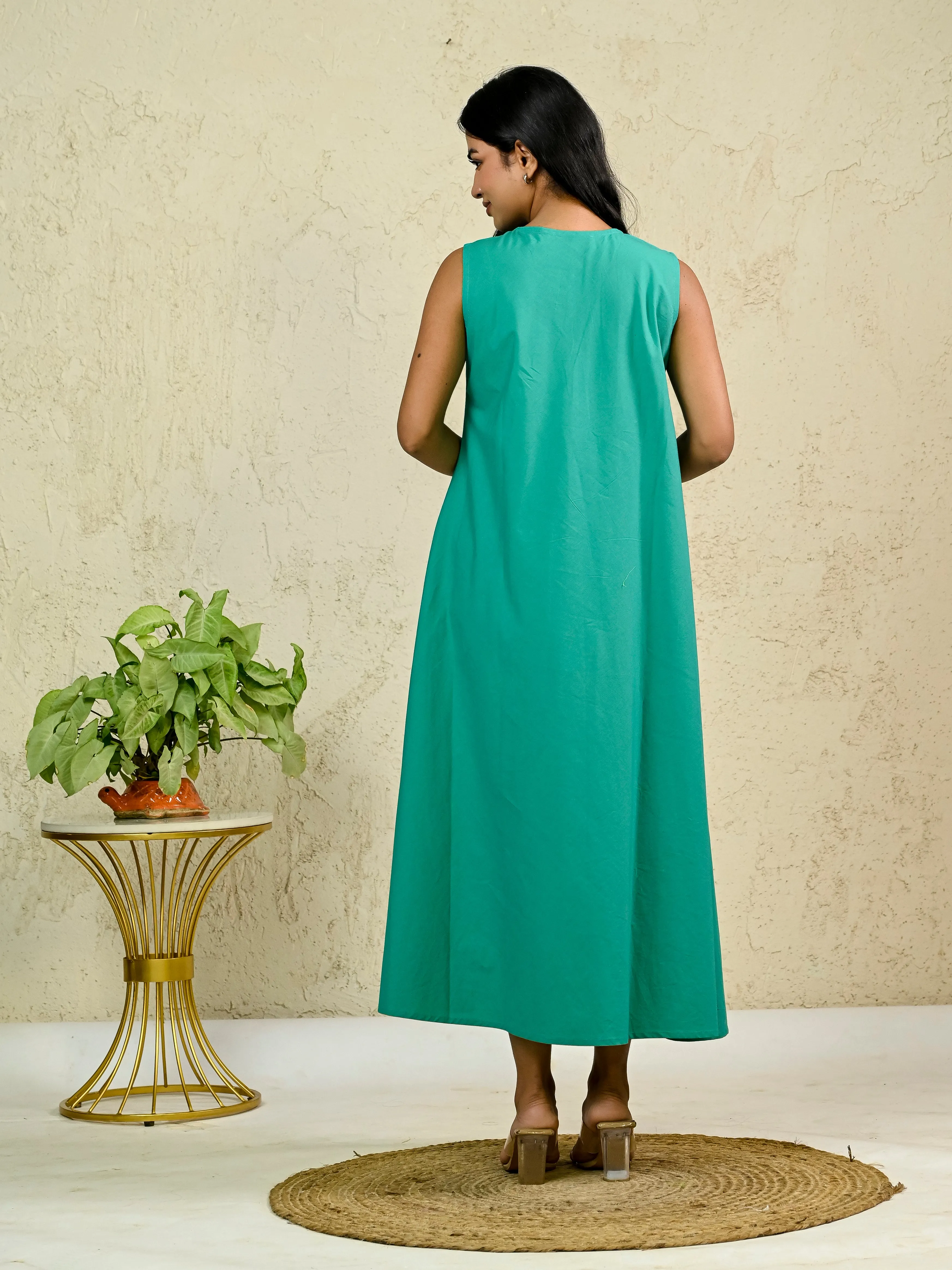 Green Cotton Poplin Box Pleat Long Dress