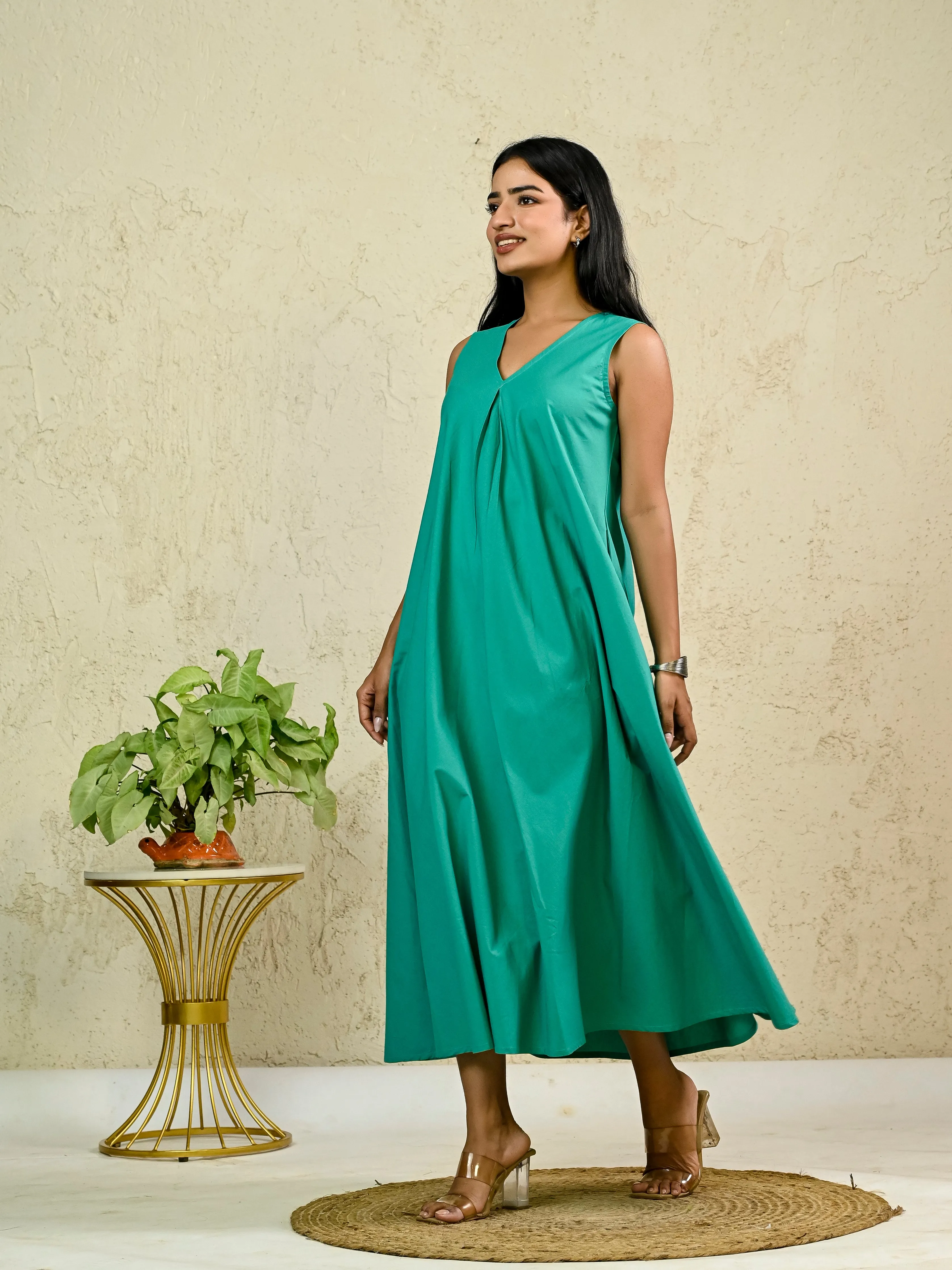 Green Cotton Poplin Box Pleat Long Dress