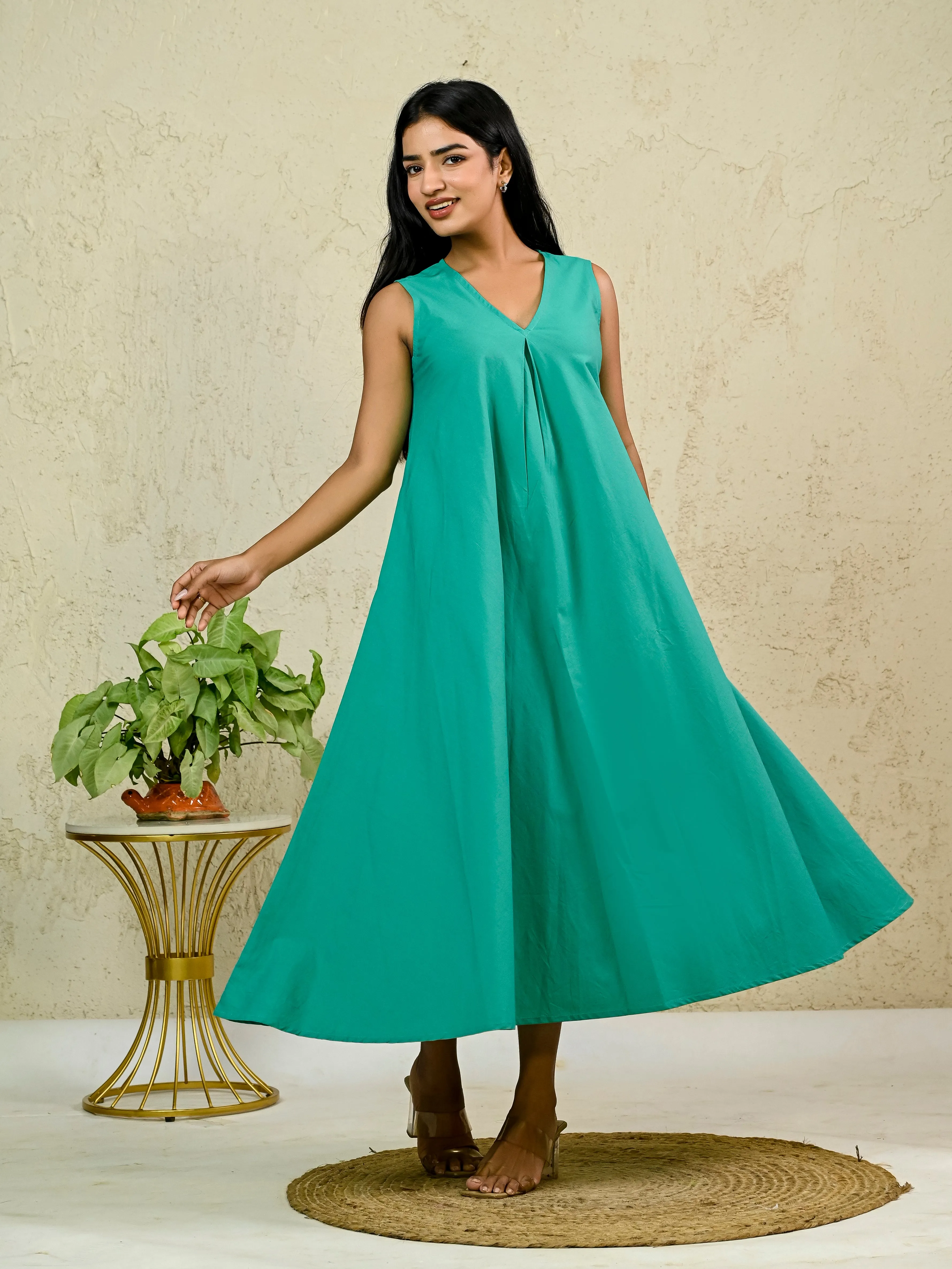 Green Cotton Poplin Box Pleat Long Dress