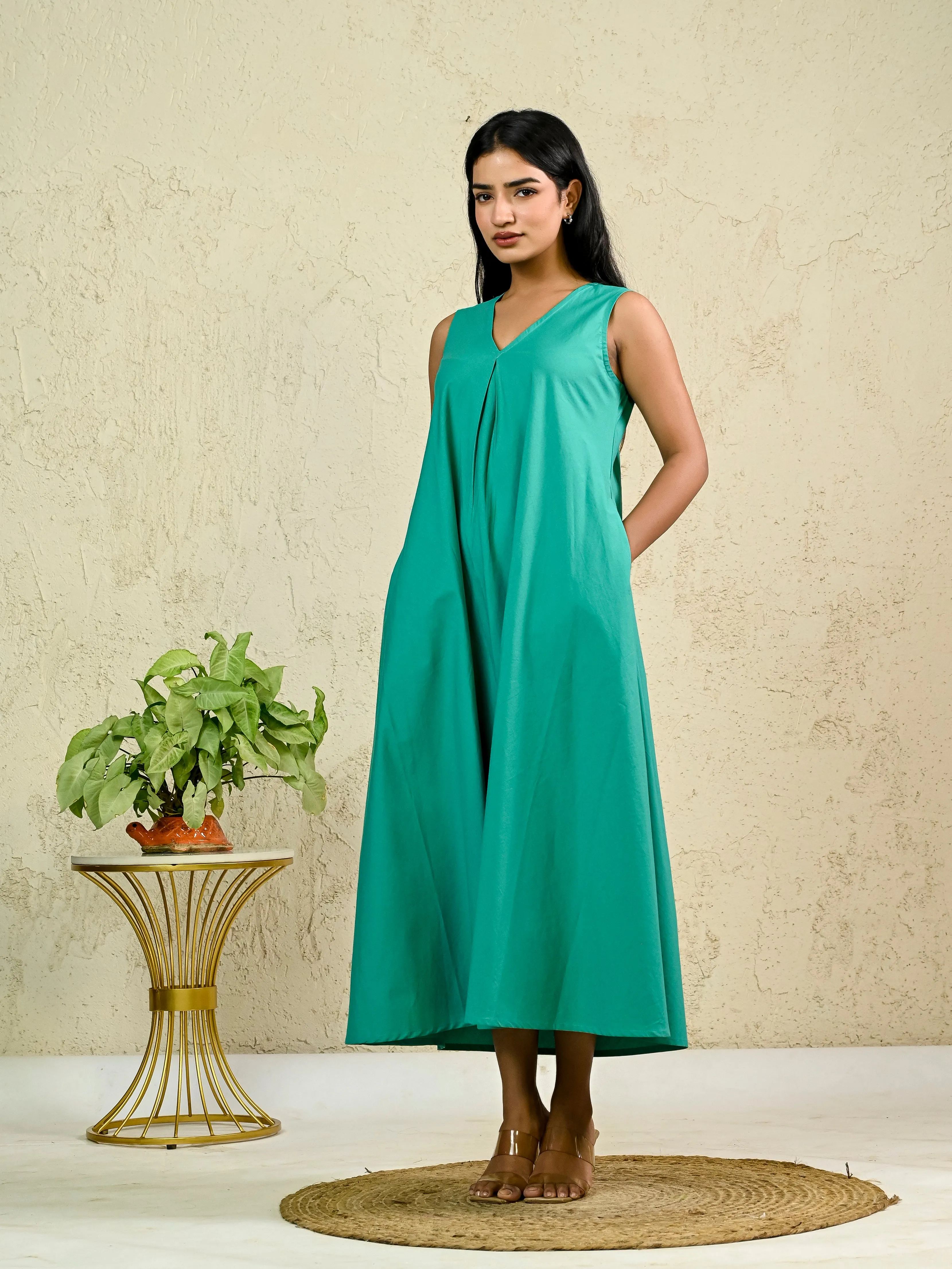 Green Cotton Poplin Box Pleat Long Dress