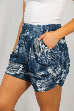 Harem Shorts - Destroyed Denim Print