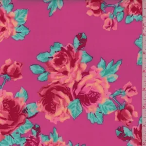 Hot Pink Rose Cluster Techno Scuba Knit Fabric