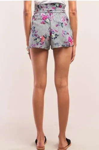 Houndstooth Print Floral Print High Waist Self-Tie Belt Relaxed Fit Mini Shorts