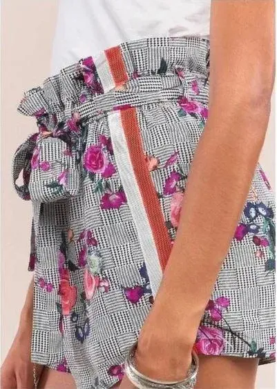 Houndstooth Print Floral Print High Waist Self-Tie Belt Relaxed Fit Mini Shorts