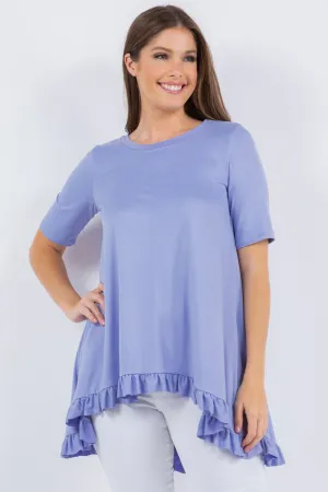 Lilac Solid Ruffle Short Sleeves Hi-Lo Tunic Top