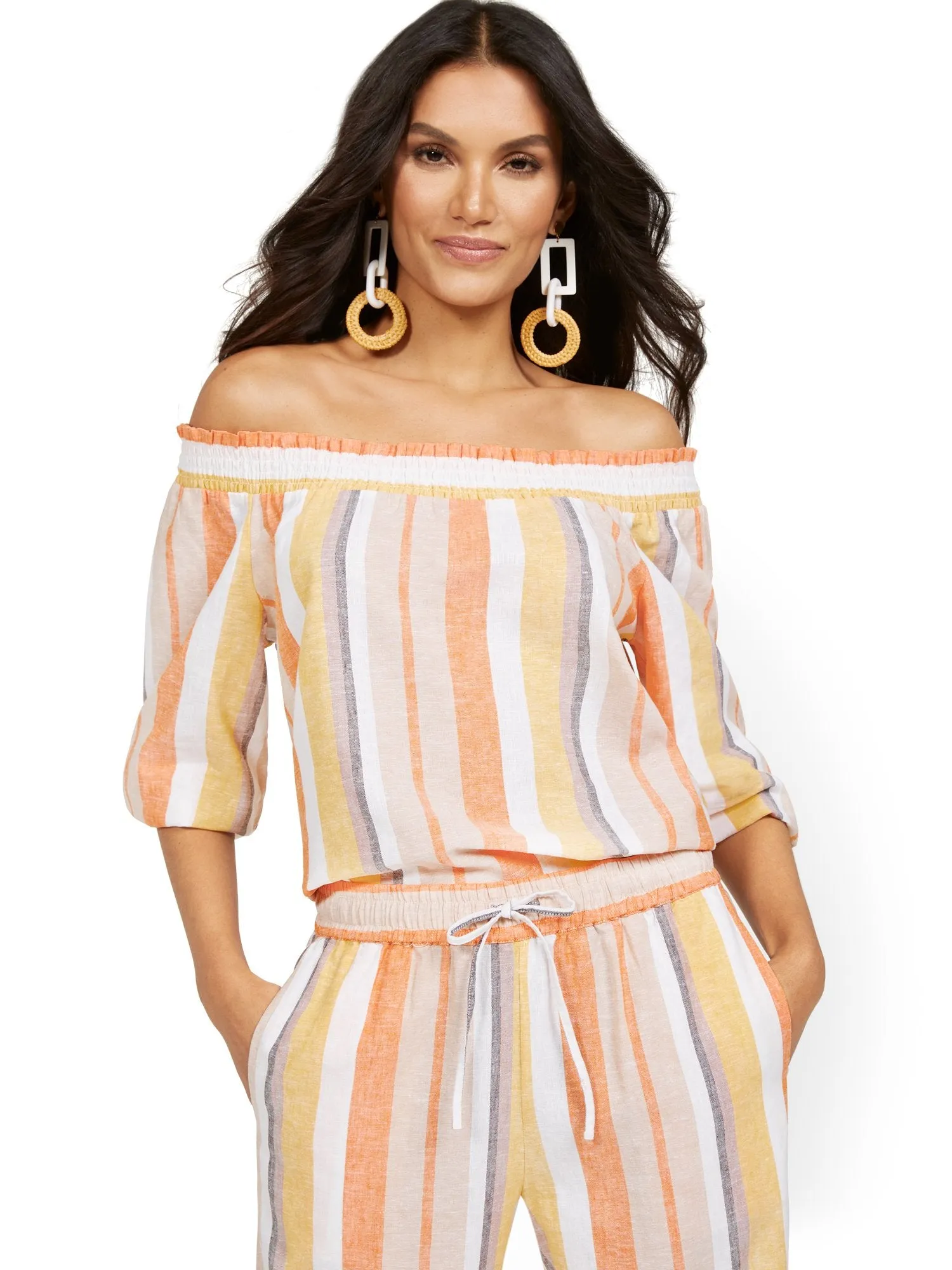 Linen-Blend Smocked Off-The-Shoulder Top