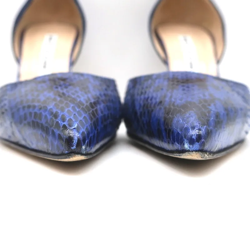 Manolo Blahnik d'Orsay Pumps Tayler Navy Suede & Snakeskin Size 39 Pointed Toe