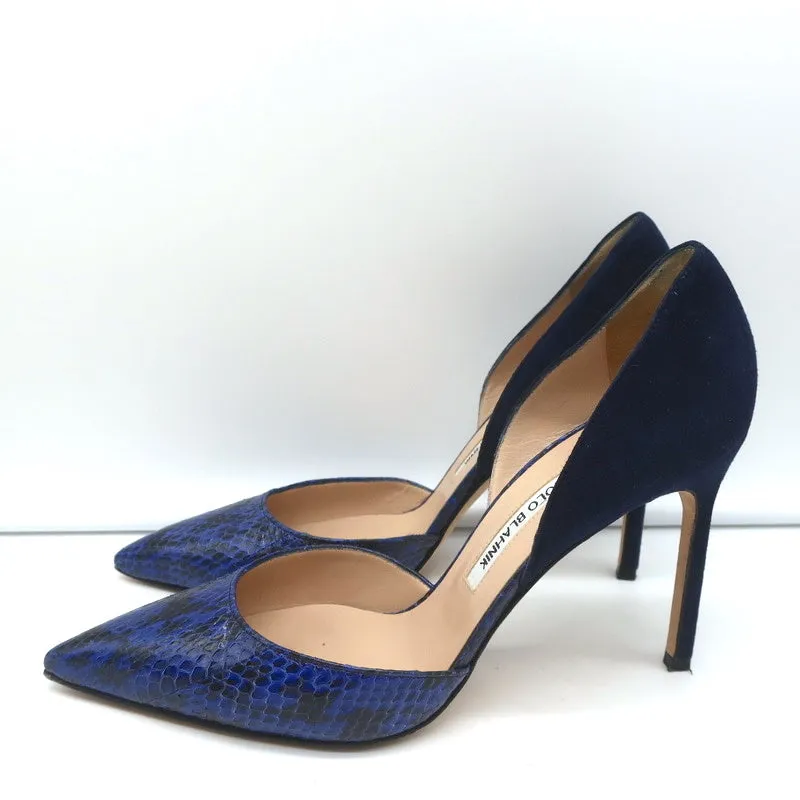 Manolo Blahnik d'Orsay Pumps Tayler Navy Suede & Snakeskin Size 39 Pointed Toe