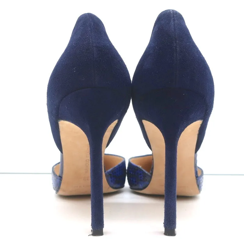 Manolo Blahnik d'Orsay Pumps Tayler Navy Suede & Snakeskin Size 39 Pointed Toe