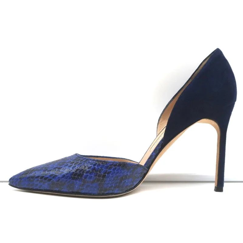 Manolo Blahnik d'Orsay Pumps Tayler Navy Suede & Snakeskin Size 39 Pointed Toe