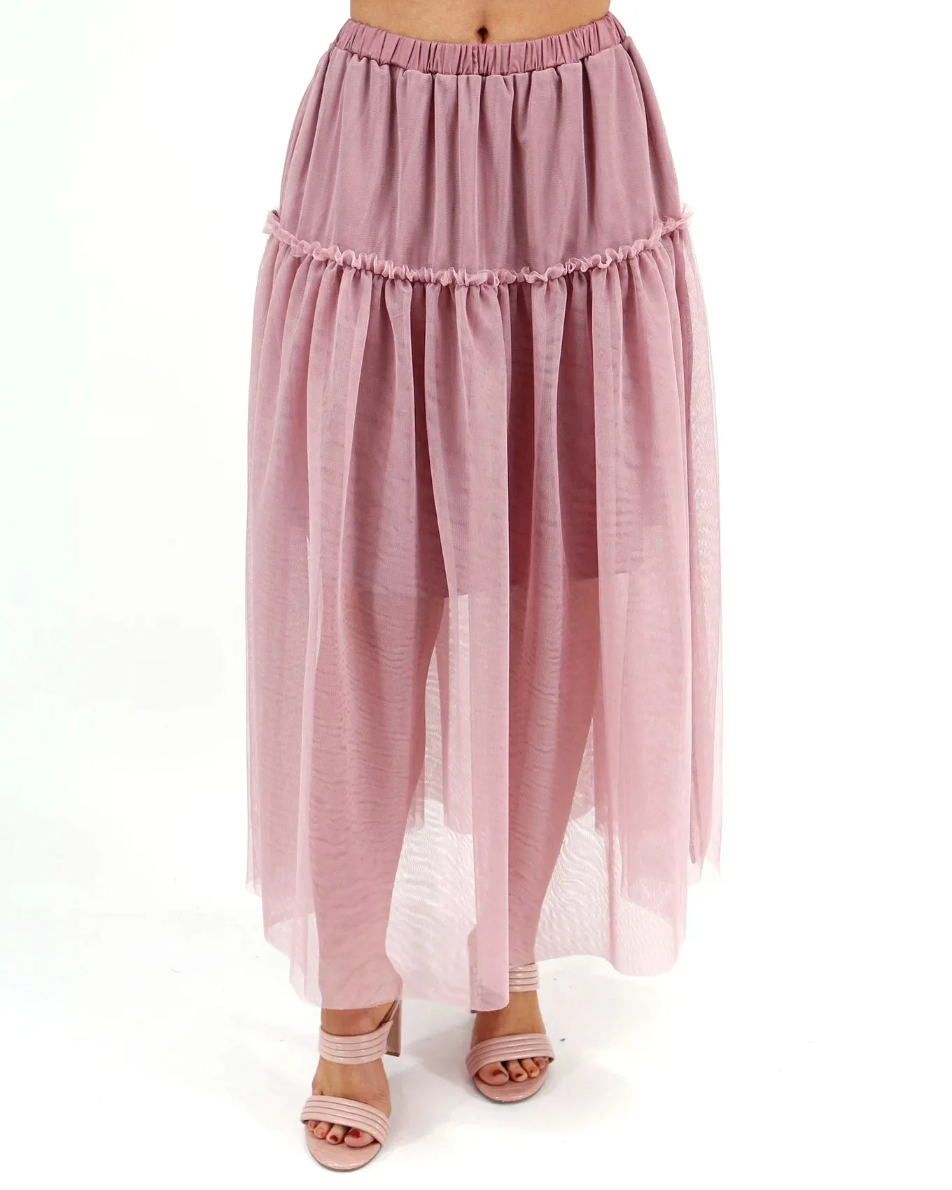 Mesh Tiered Blush Maxi Skirt