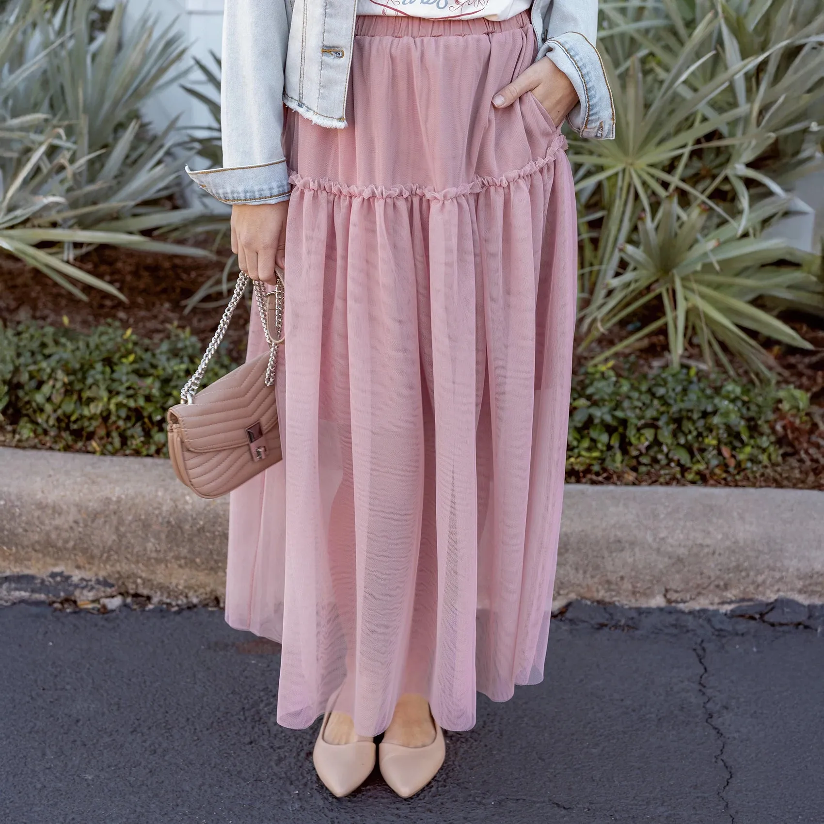 Mesh Tiered Blush Maxi Skirt
