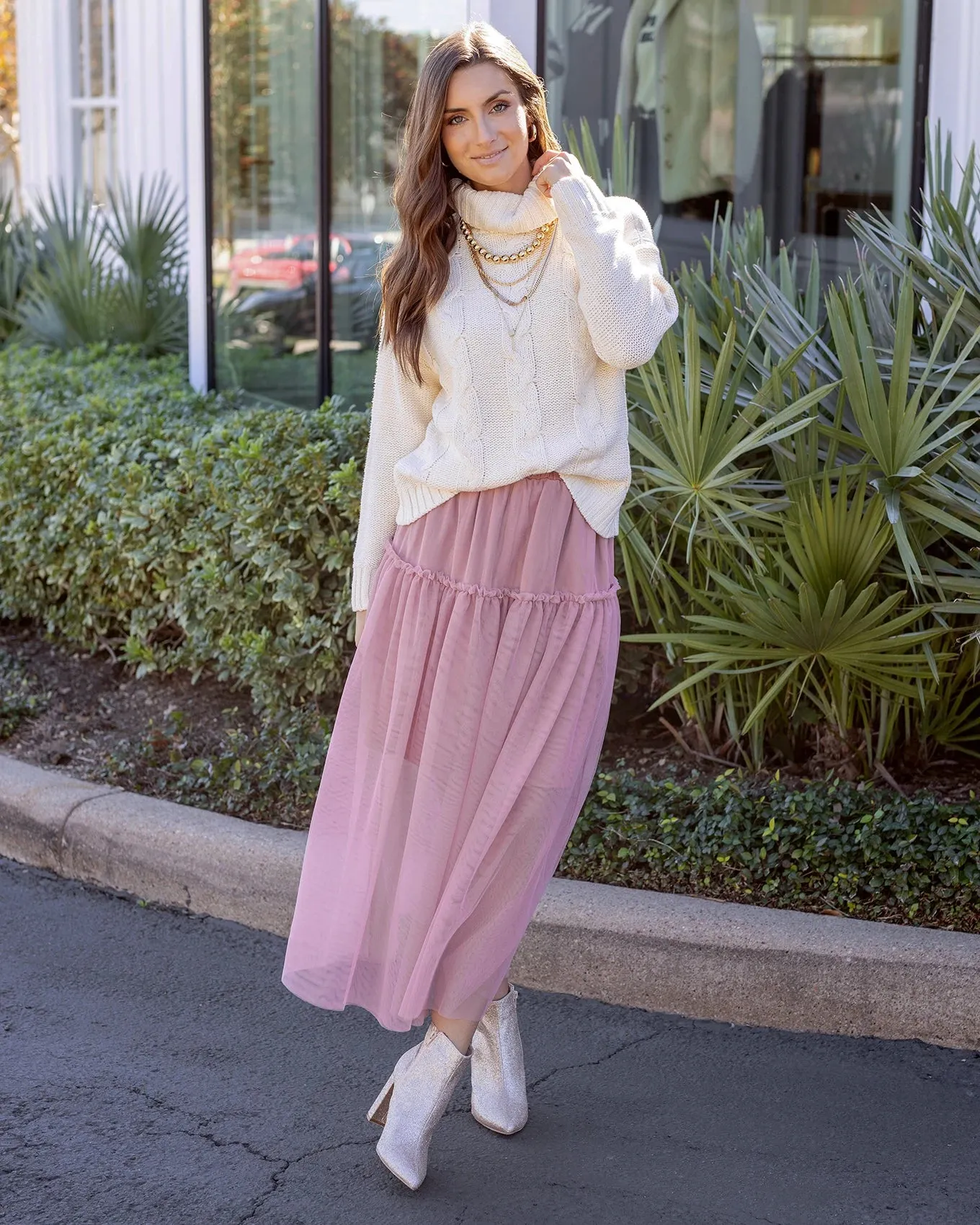 Mesh Tiered Blush Maxi Skirt