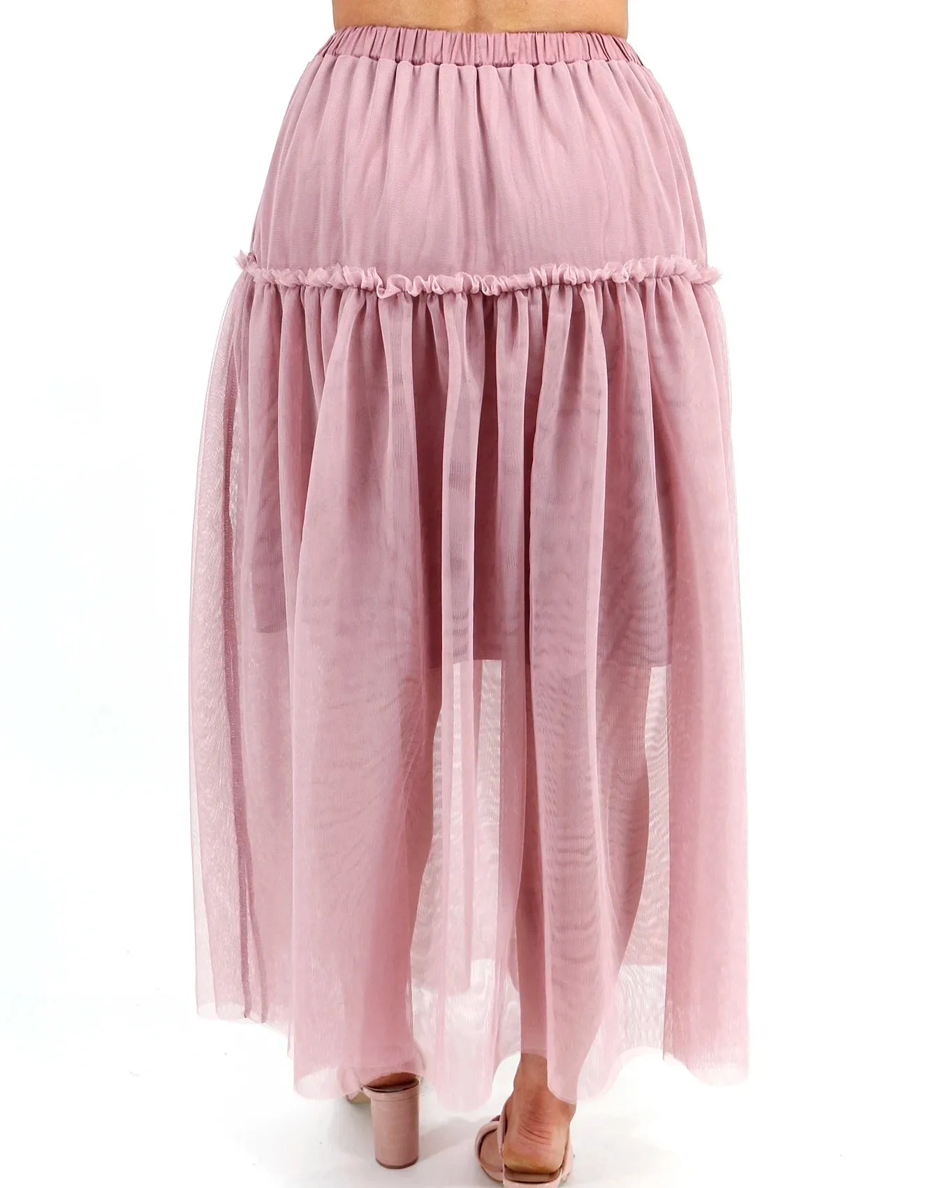 Mesh Tiered Blush Maxi Skirt