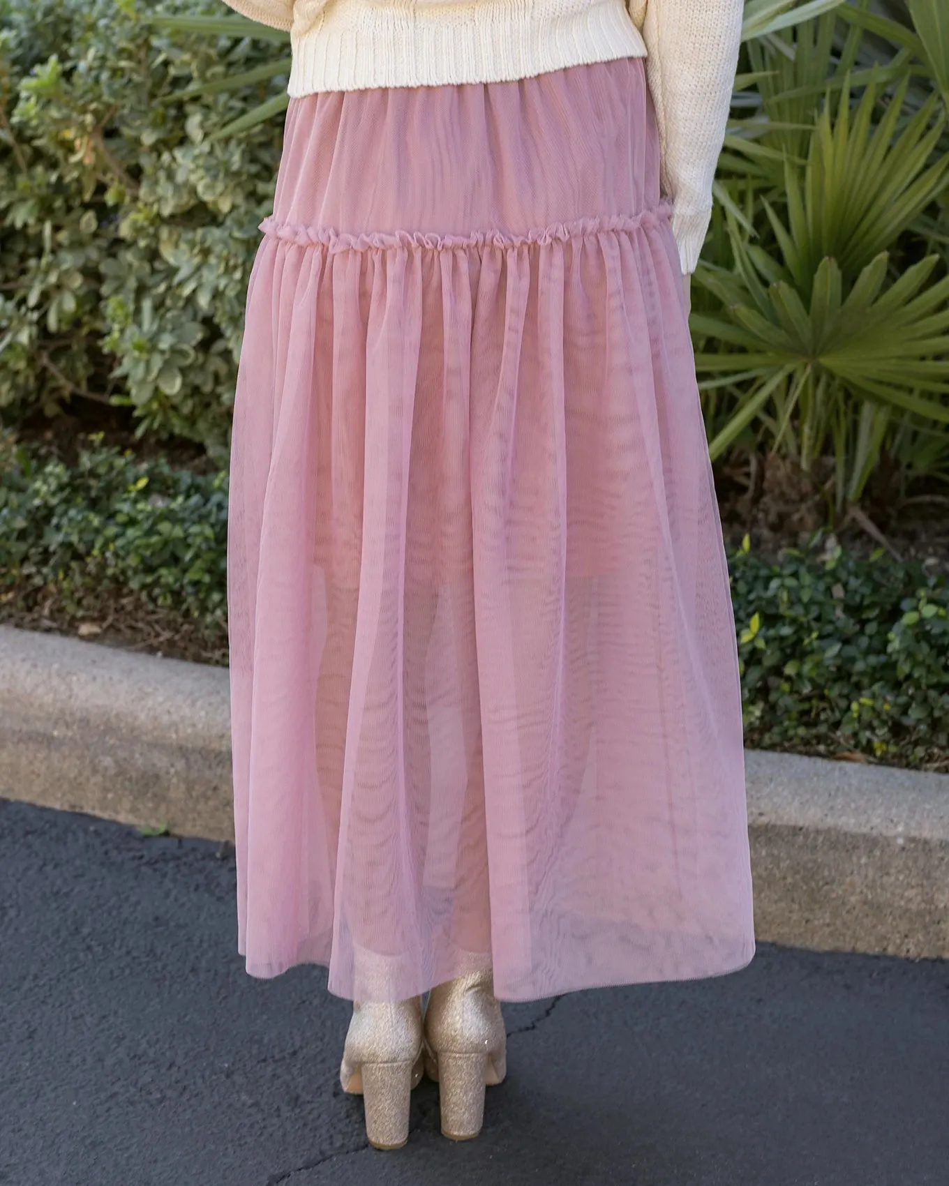 Mesh Tiered Blush Maxi Skirt