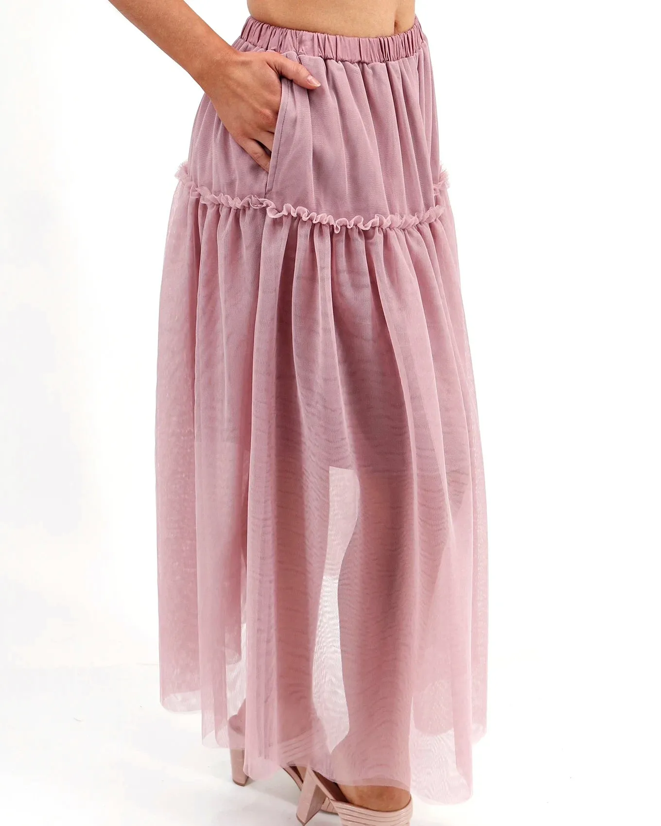 Mesh Tiered Blush Maxi Skirt