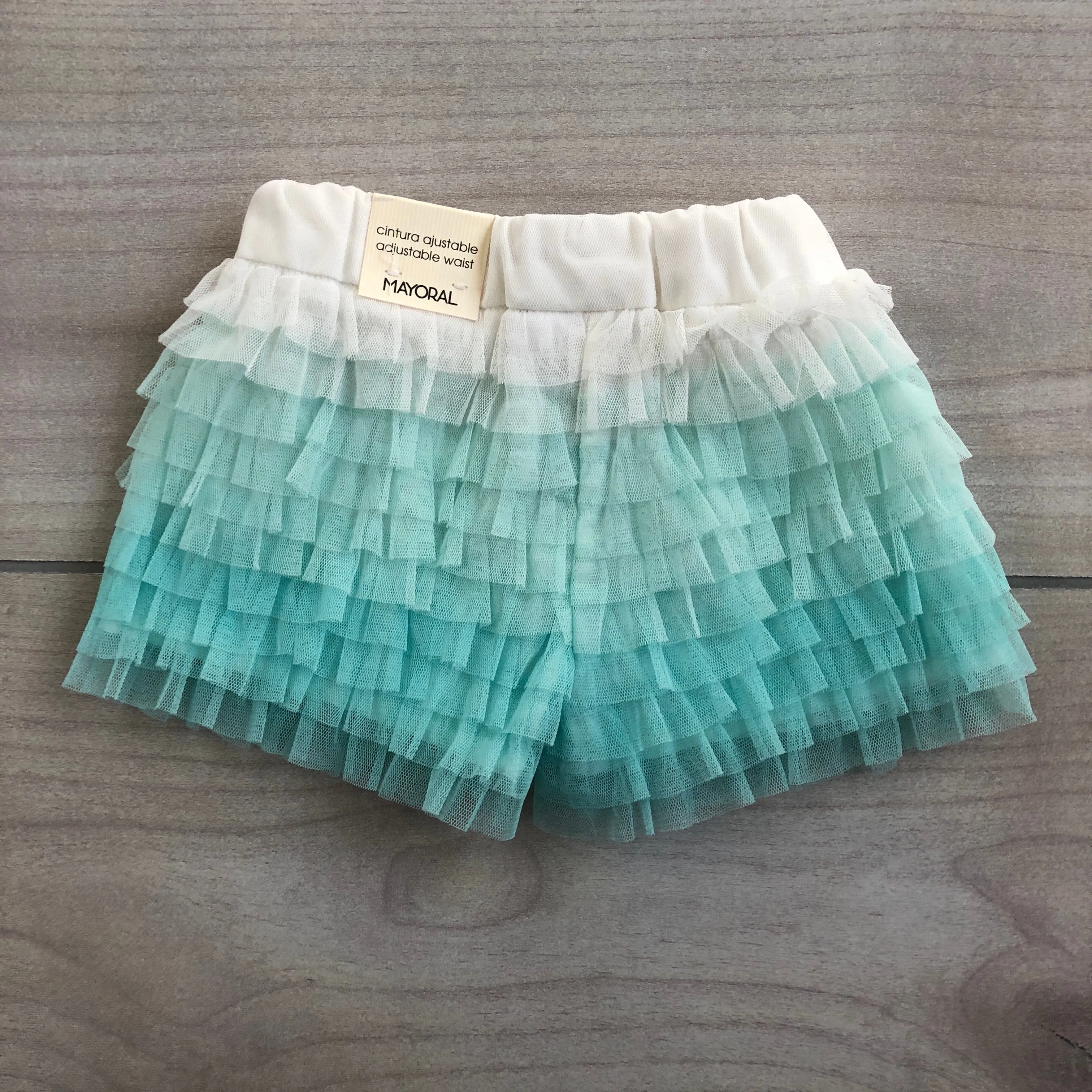 NEW Mayoral Teal & White Ruffled Adjustable Waist Tab Shorts