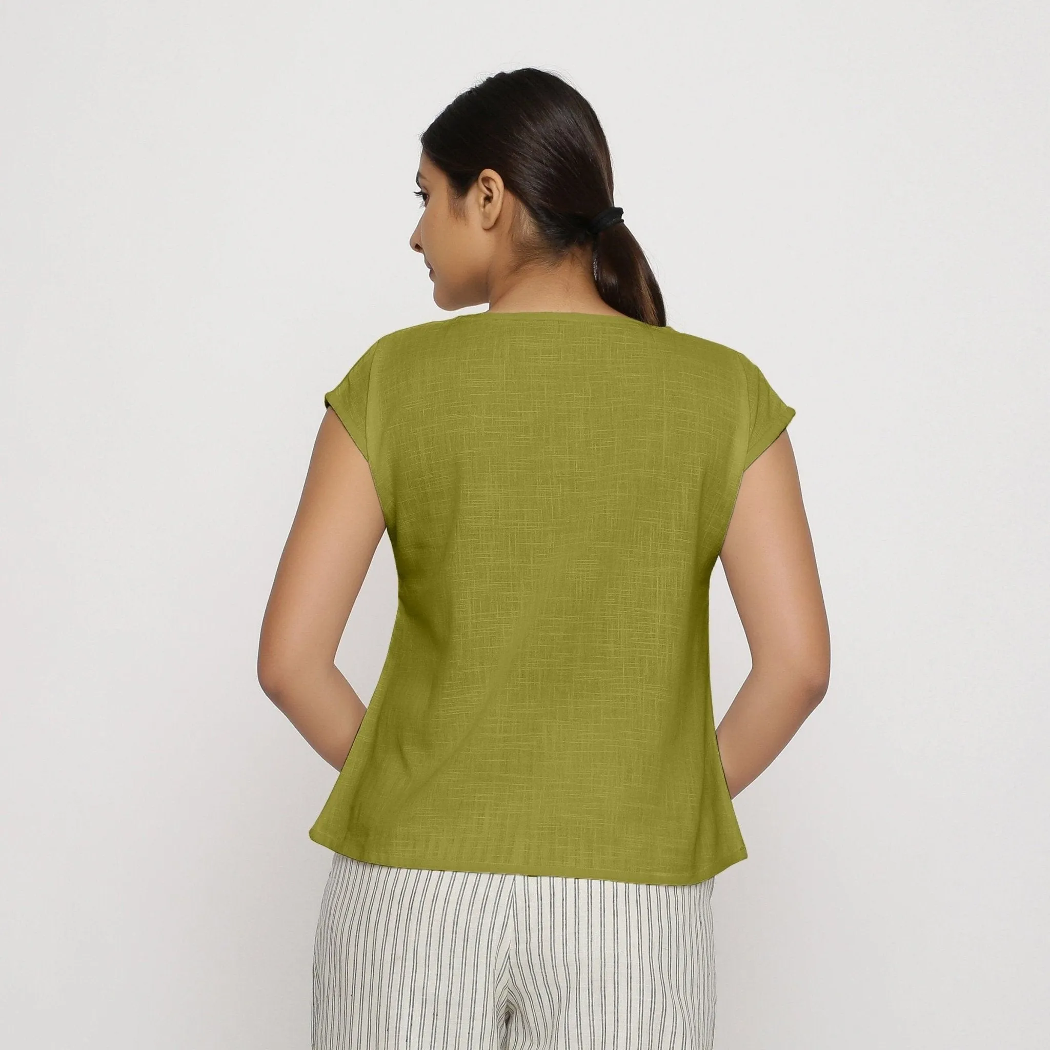 Olive Green Cotton Drop Shoulder Round Neck Top