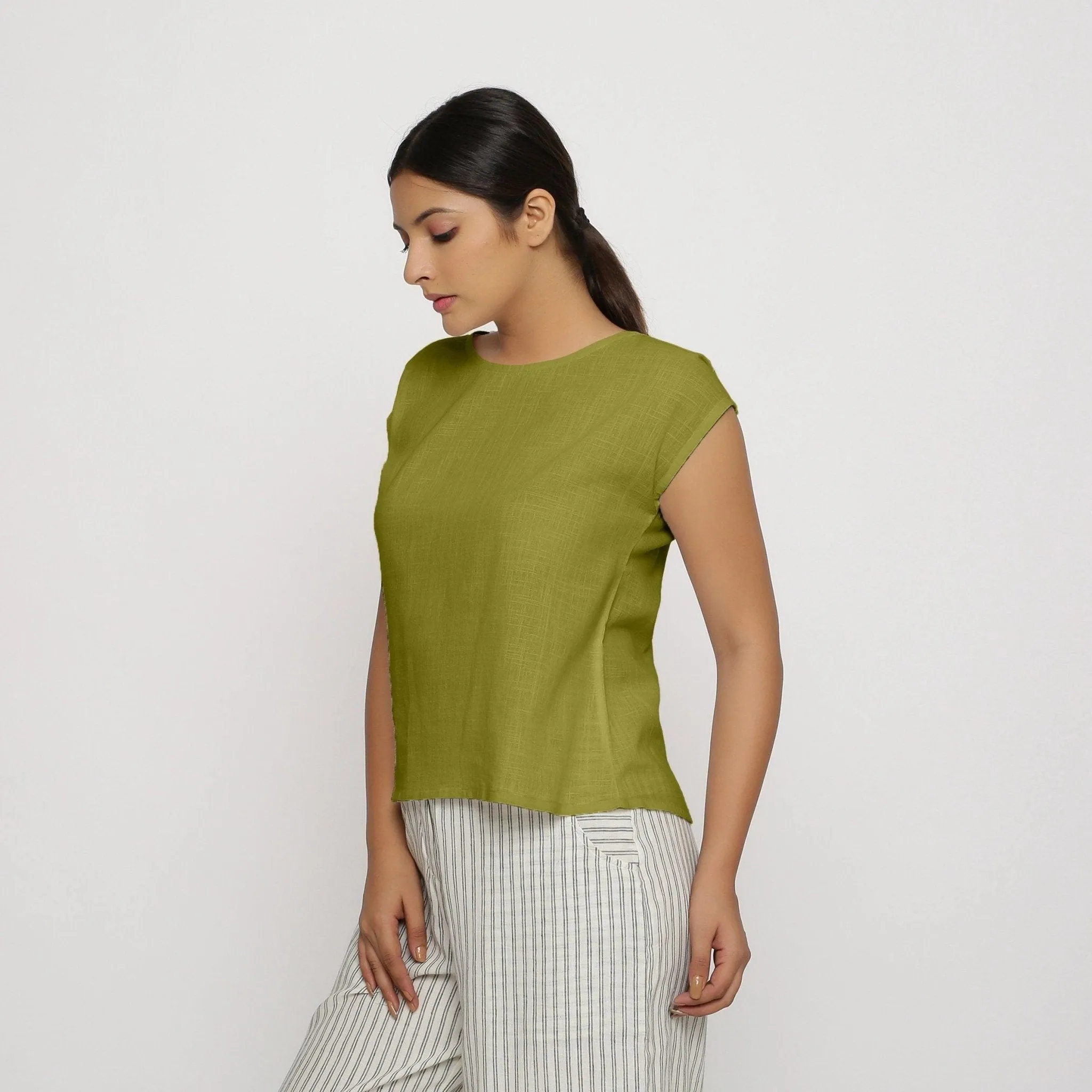 Olive Green Cotton Drop Shoulder Round Neck Top