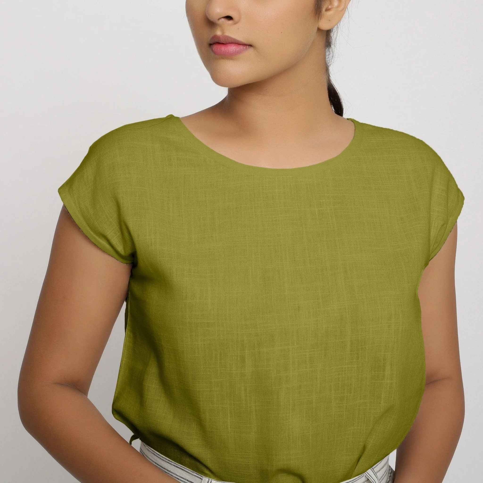 Olive Green Cotton Drop Shoulder Round Neck Top