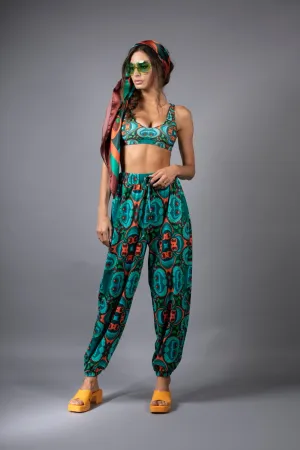PSILOCYBIN TEAL AND ORANGE HAREM PANTS