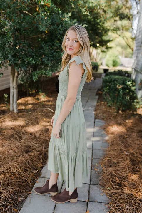 Racie Gray Smocked Midi Dress