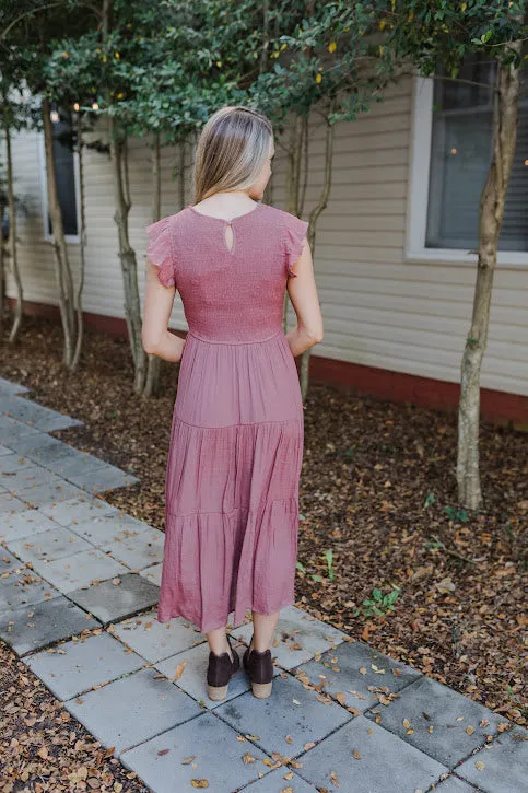 Racie Gray Smocked Midi Dress