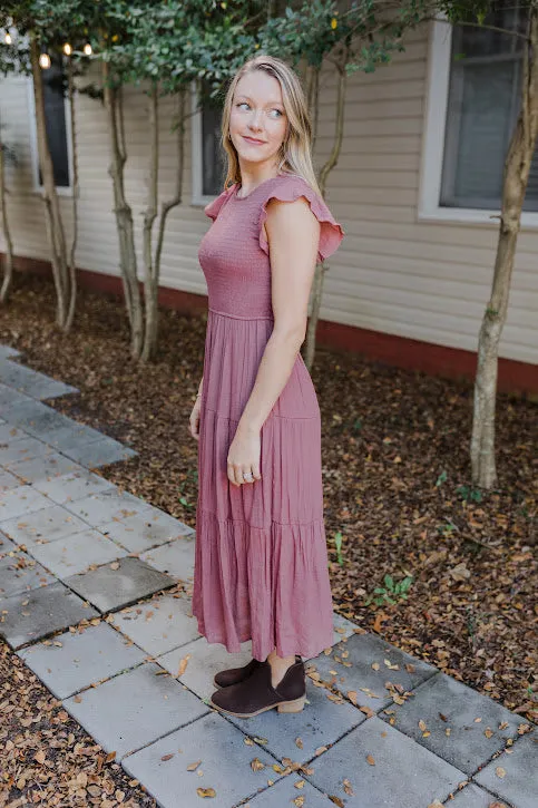 Racie Gray Smocked Midi Dress