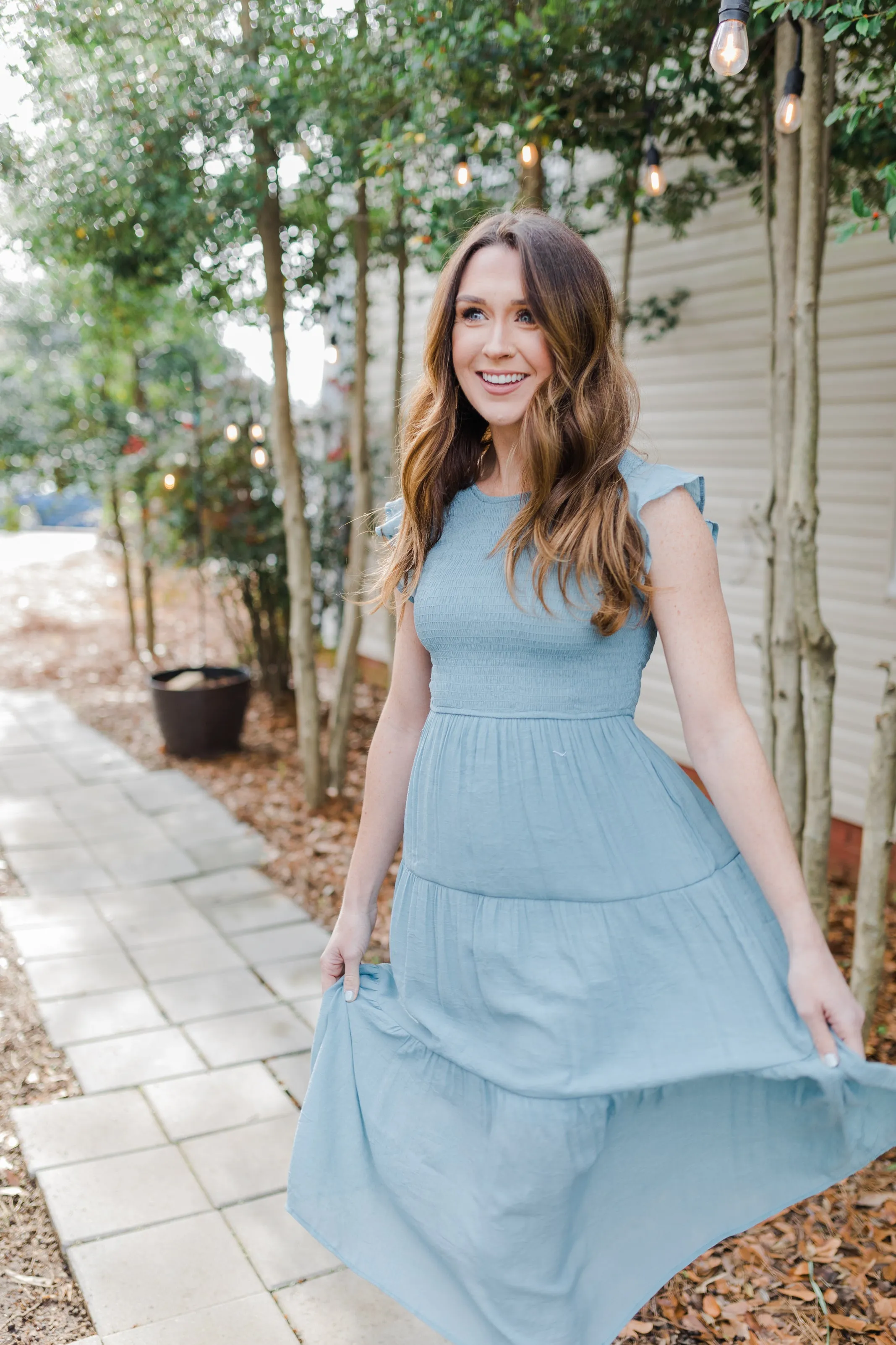 Racie Gray Smocked Midi Dress