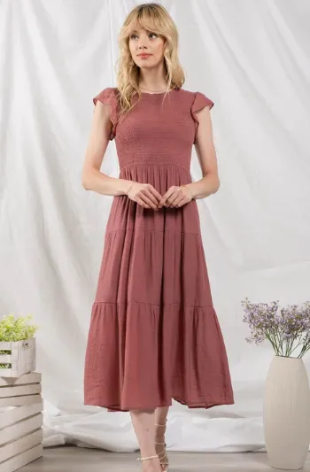 Racie Gray Smocked Midi Dress