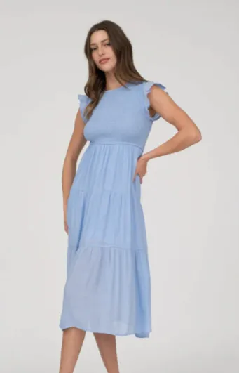 Racie Gray Smocked Midi Dress