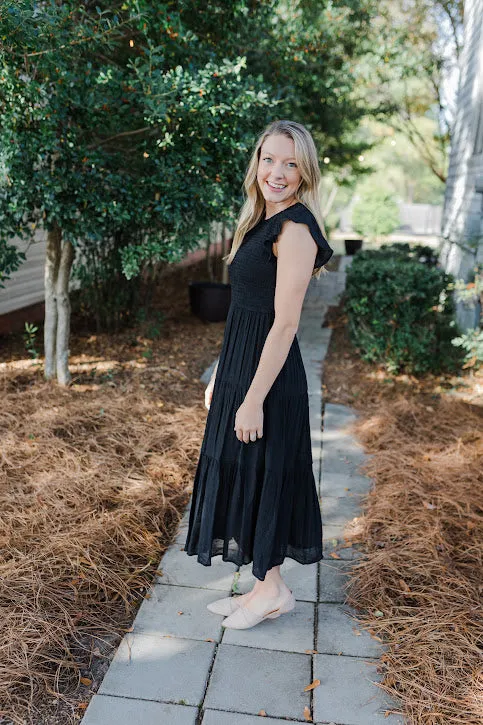 Racie Gray Smocked Midi Dress