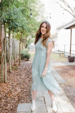 Racie Gray Smocked Midi Dress