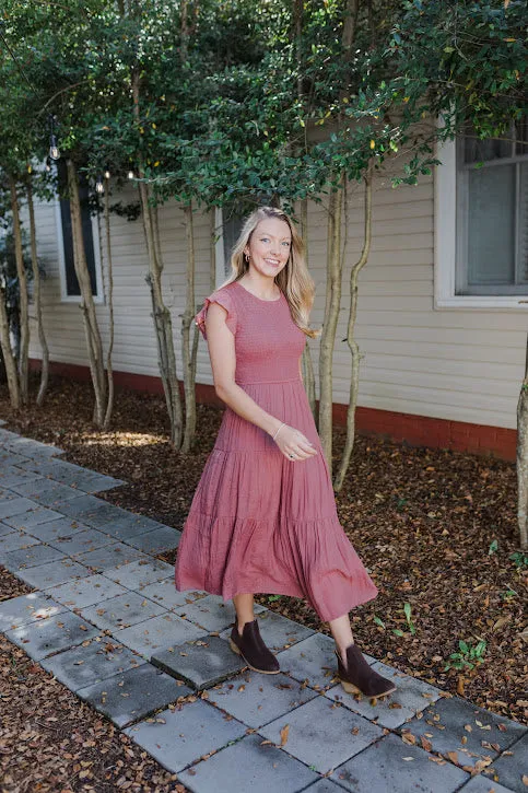 Racie Gray Smocked Midi Dress