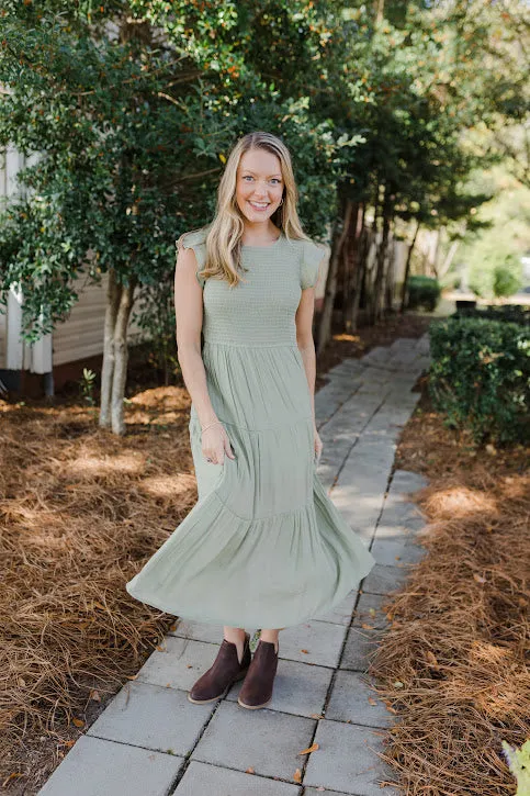 Racie Gray Smocked Midi Dress