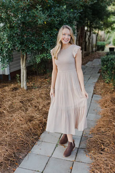 Racie Gray Smocked Midi Dress