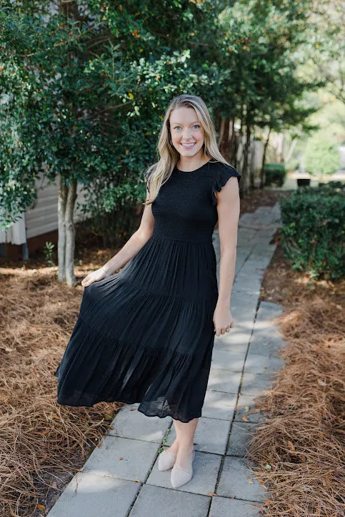 Racie Gray Smocked Midi Dress