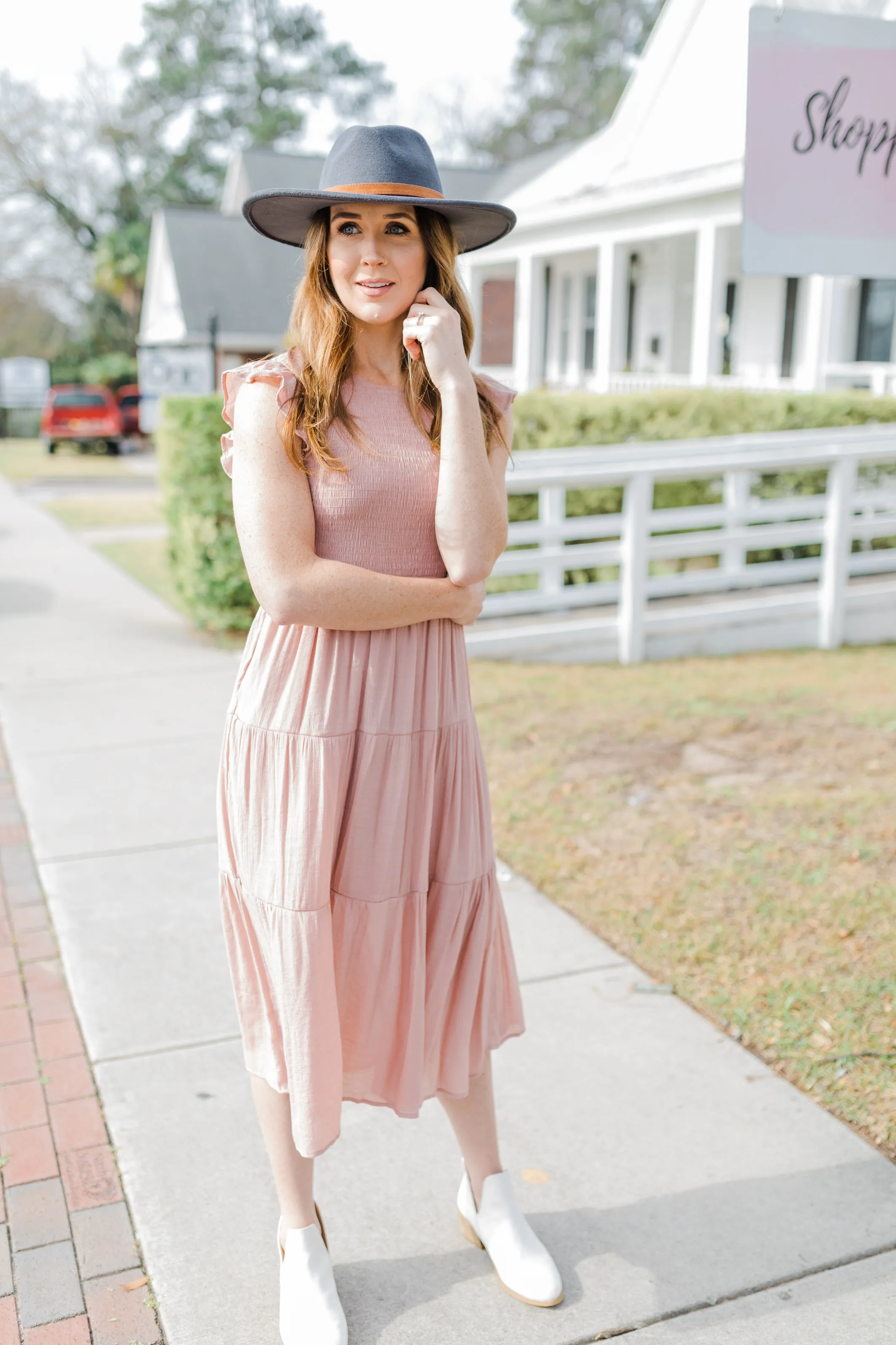 Racie Gray Smocked Midi Dress