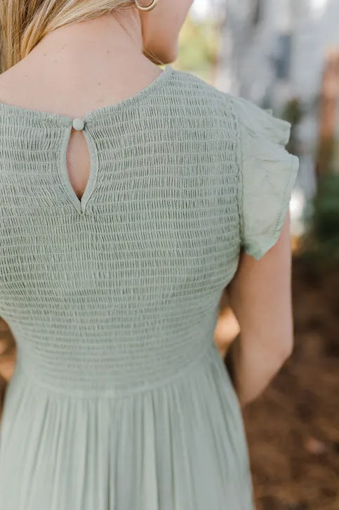 Racie Gray Smocked Midi Dress