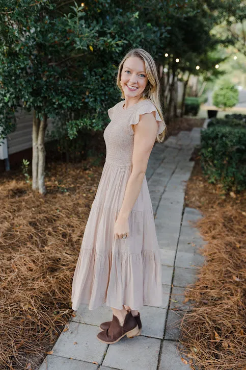 Racie Gray Smocked Midi Dress